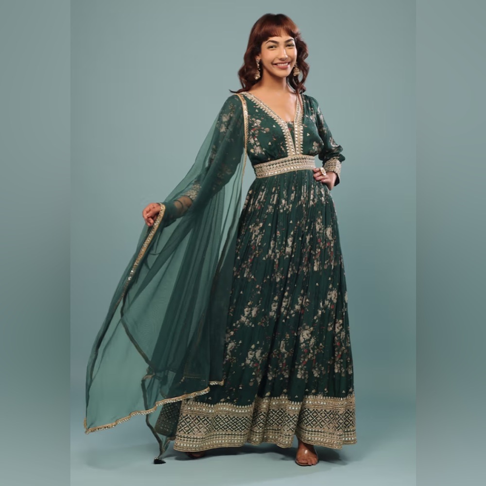 Deep Green Embroidered Anarkali Suit With Floral Print In Georgette